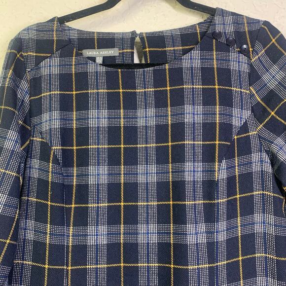 LAURA ASHLEY Dress 8 Shift Plaid Navy Checked Wool Front Pockets Keyhole Closure - Picture 3 of 16